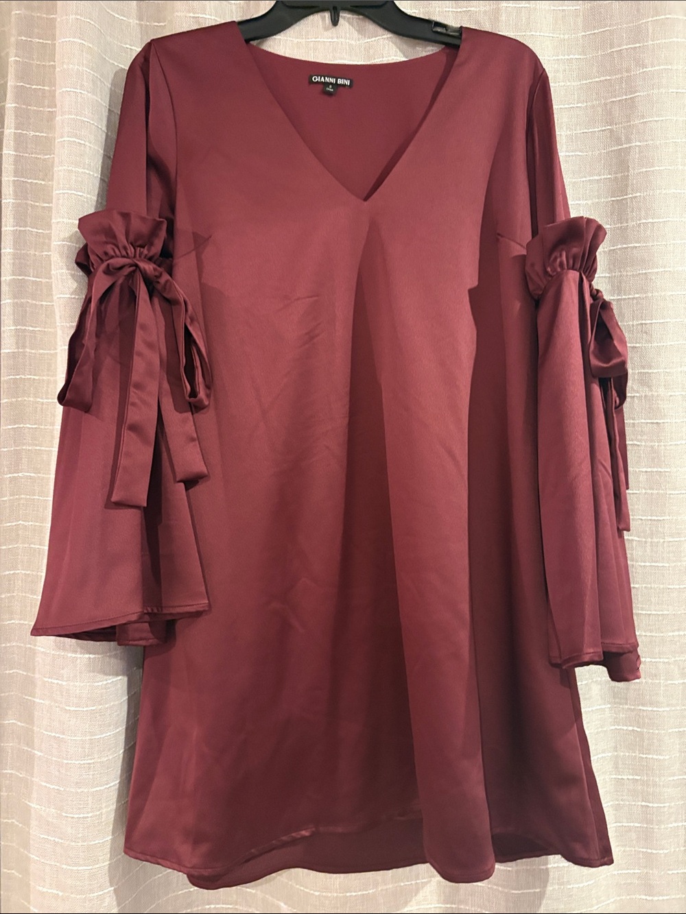 Gianni Bini Burgundy V-Neck Bell Sleeve Dress with Bow Ties